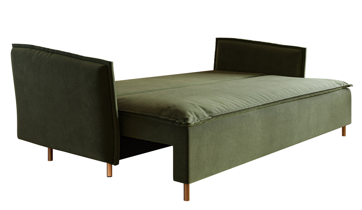 Canapé convertible 3 places Ummo olive avec coffre en tissu hydrofuge velours pieds dorés