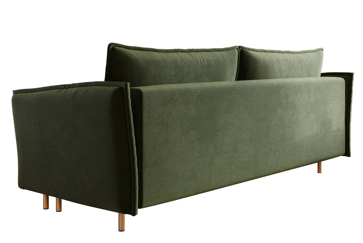 Canapé convertible 3 places Ummo olive avec coffre en tissu hydrofuge velours pieds dorés