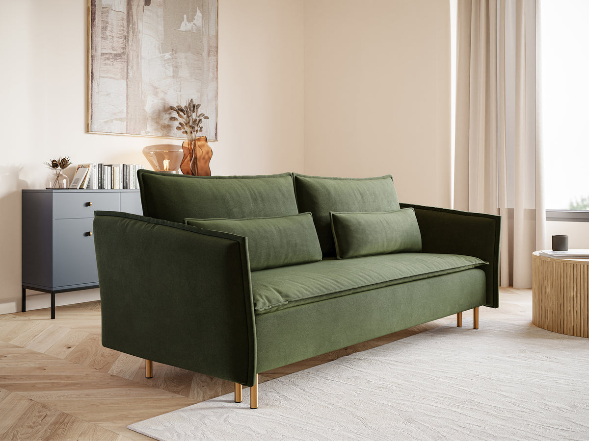 Canapé convertible 3 places Ummo olive avec coffre en tissu hydrofuge velours pieds dorés