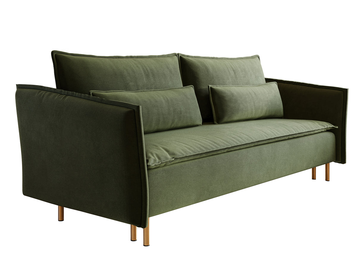 Canapé convertible 3 places Ummo olive avec coffre en tissu hydrofuge velours pieds dorés