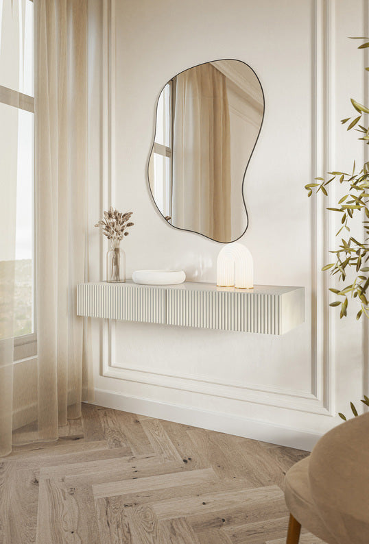 Coiffeuse Veldio avec façade fraisée et deux tiroirs, 110 cm, suspendue, gris-beige