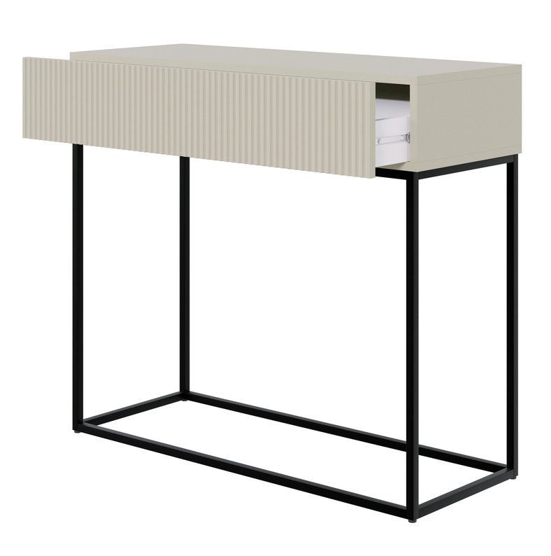 Console Veldio avec façade rainurée et tiroir 90 cm Gris beige avec pieds noirs