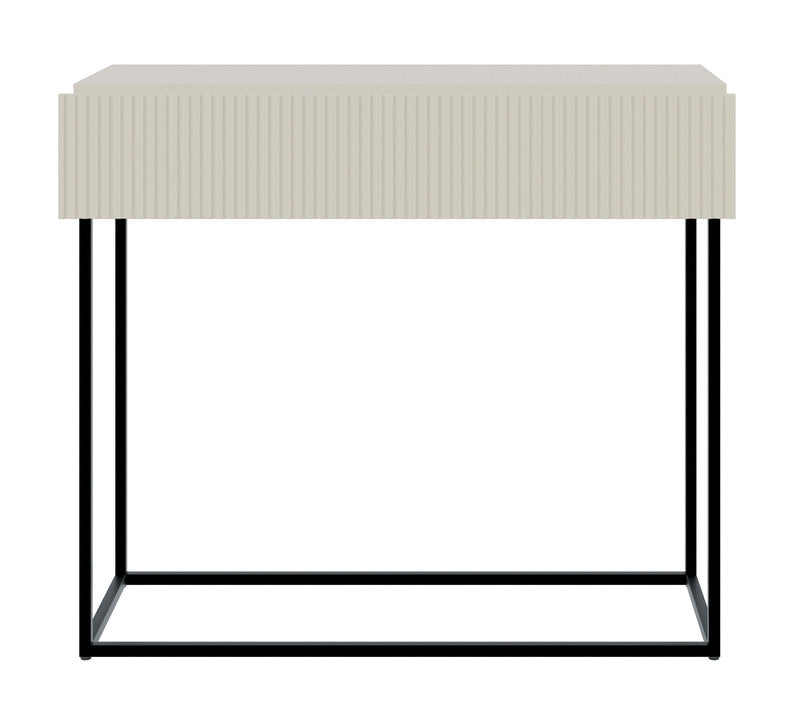 Console Veldio avec façade rainurée et tiroir 90 cm Gris beige avec pieds noirs