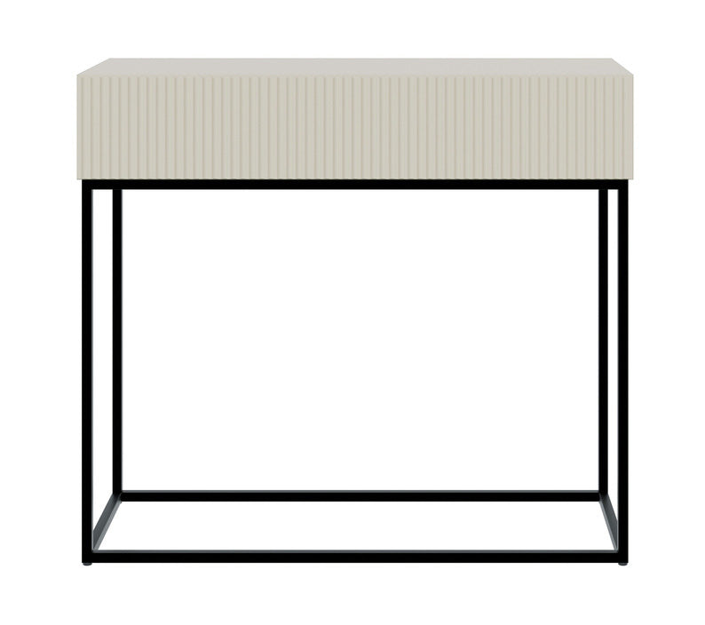 Console Veldio avec façade rainurée et tiroir 90 cm Gris beige avec pieds noirs