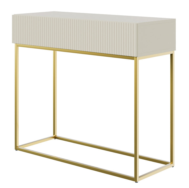 Console Veldio avec façade fraisée et tiroir 90 cm Gris beige avec pieds dorés