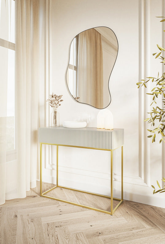 Console Veldio avec façade fraisée et tiroir 90 cm Gris beige avec pieds dorés
