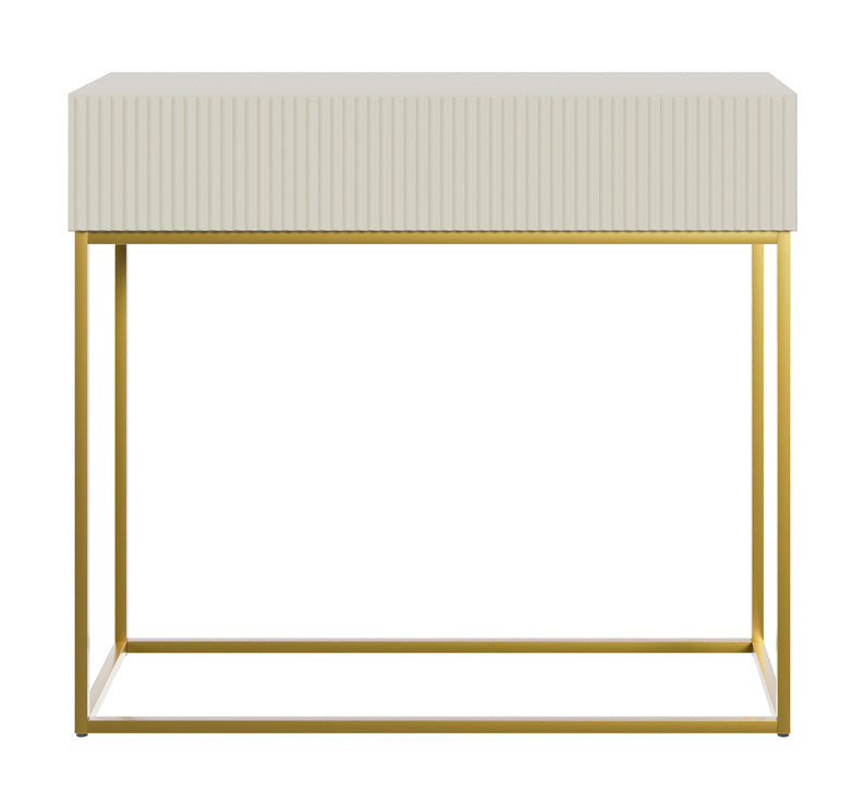 Console Veldio avec façade fraisée et tiroir 90 cm Gris beige avec pieds dorés
