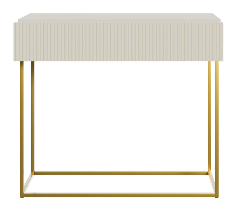 Console Veldio avec façade fraisée et tiroir 90 cm Gris beige avec pieds dorés