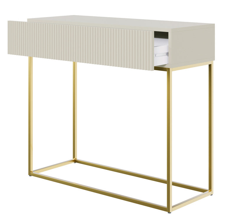 Console Veldio avec façade fraisée et tiroir 90 cm Gris beige avec pieds dorés