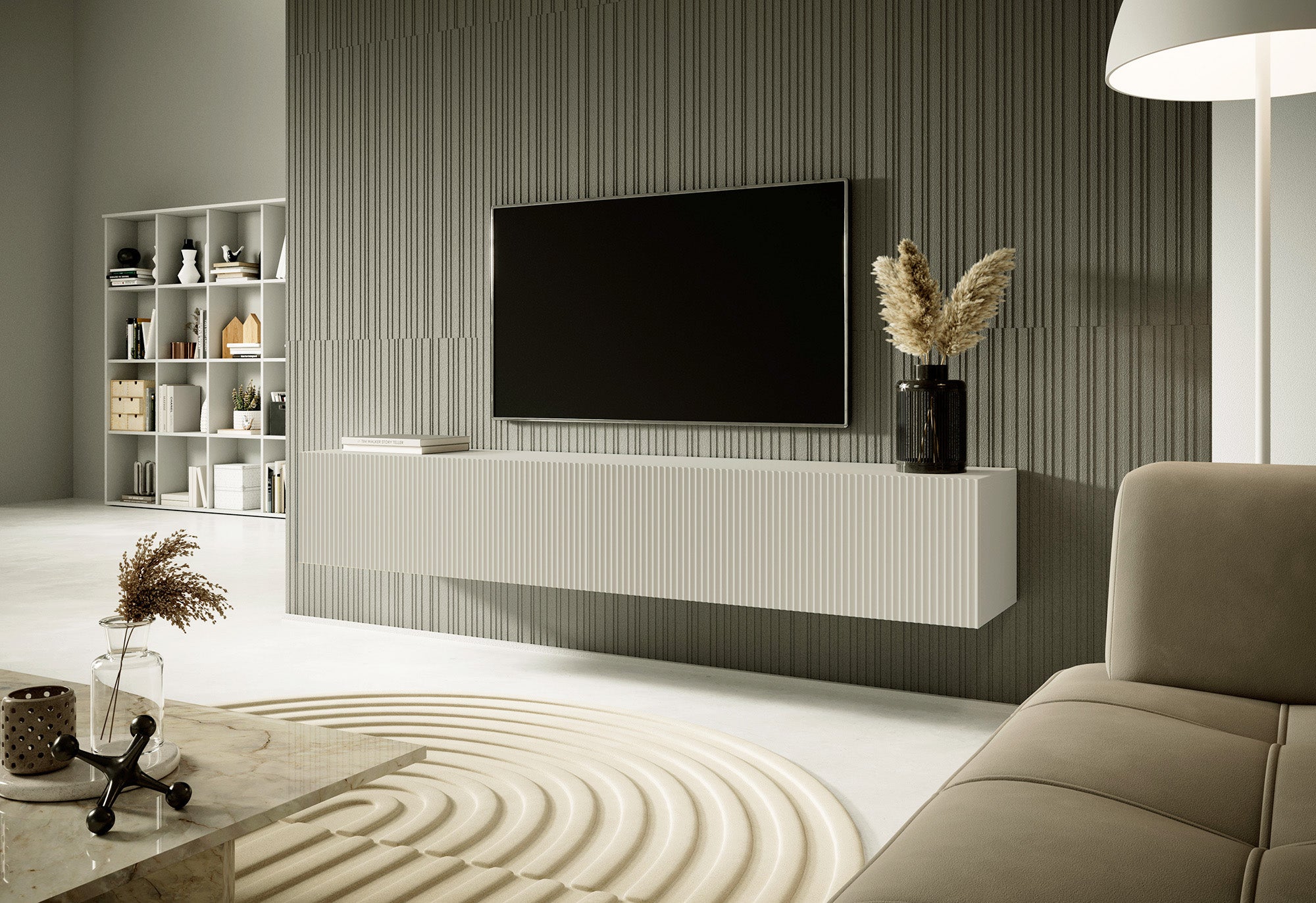 TV-Schrank Veldio mit gefräster Front 175 cm Grau-Beige, hängend