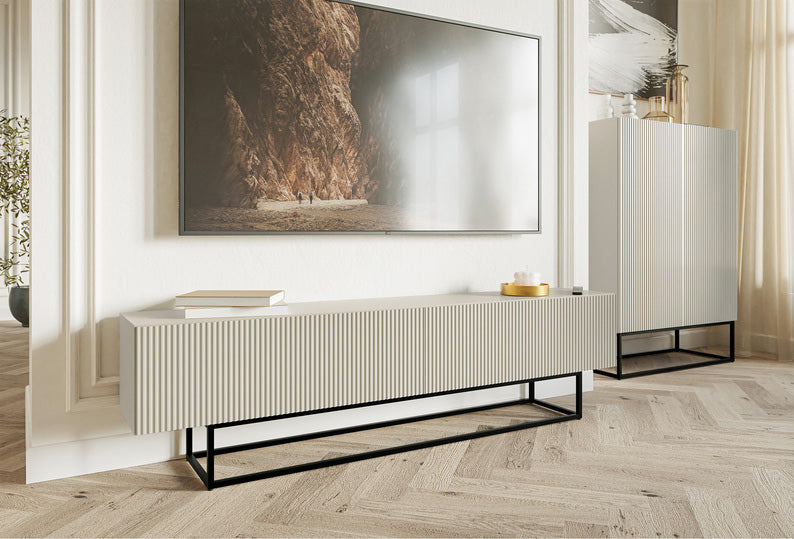 TV-Schrank Veldio mit gefräster Front 175 cm Grau-Beige mit schwarzen Beinen