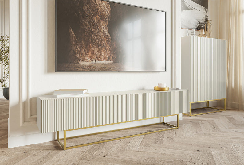 Meuble TV Veldio avec façade fraisée 175 cm Gris beige avec pieds dorés