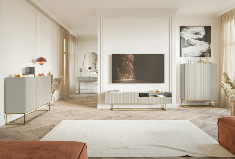 TV-Schrank Veldio mit gefräster Front und Nische, 175 cm, Grau-Beige mit goldenen Beinen