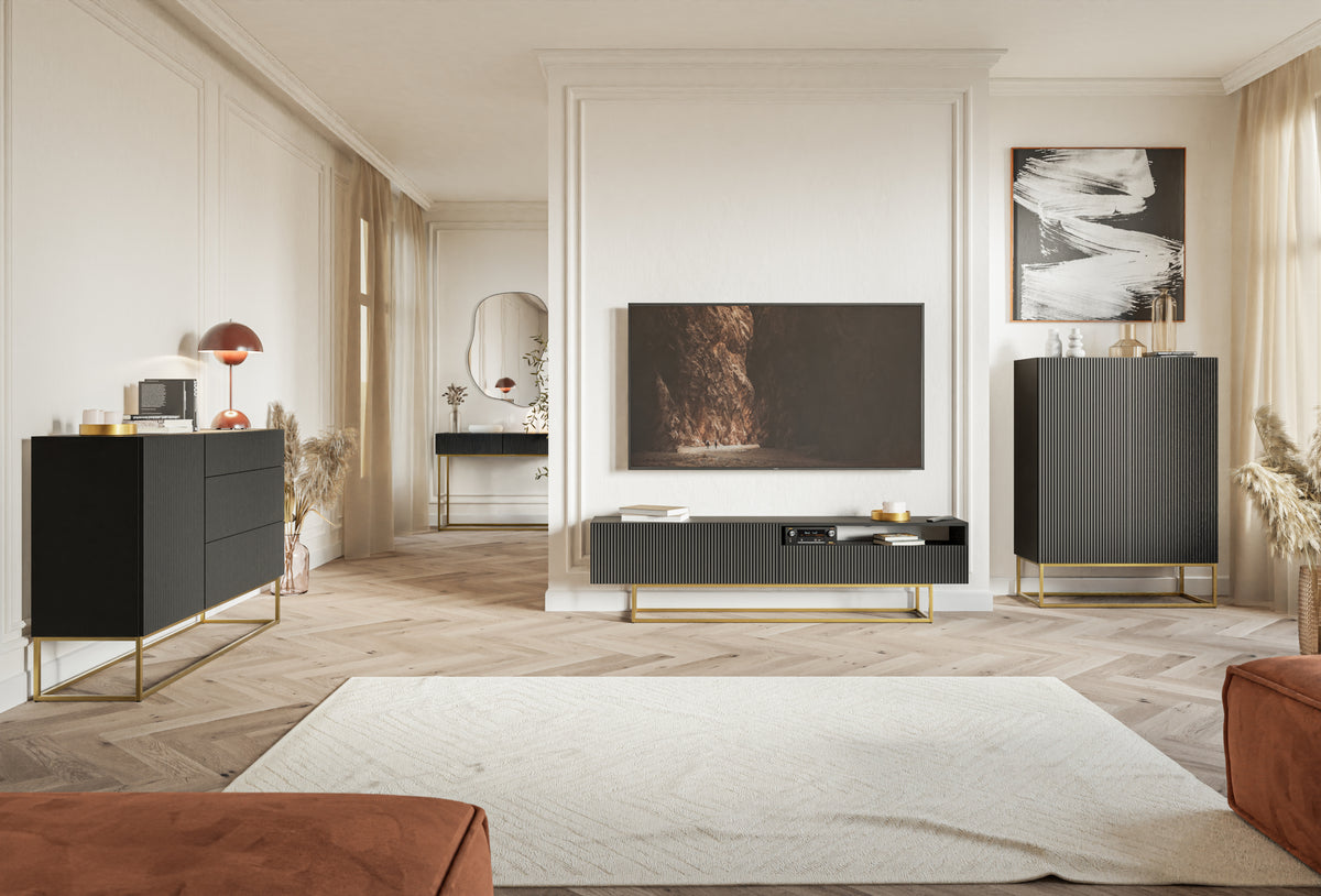 Meuble TV Veldio avec façade rainurée et niche 175 cm Noir avec pieds dorés