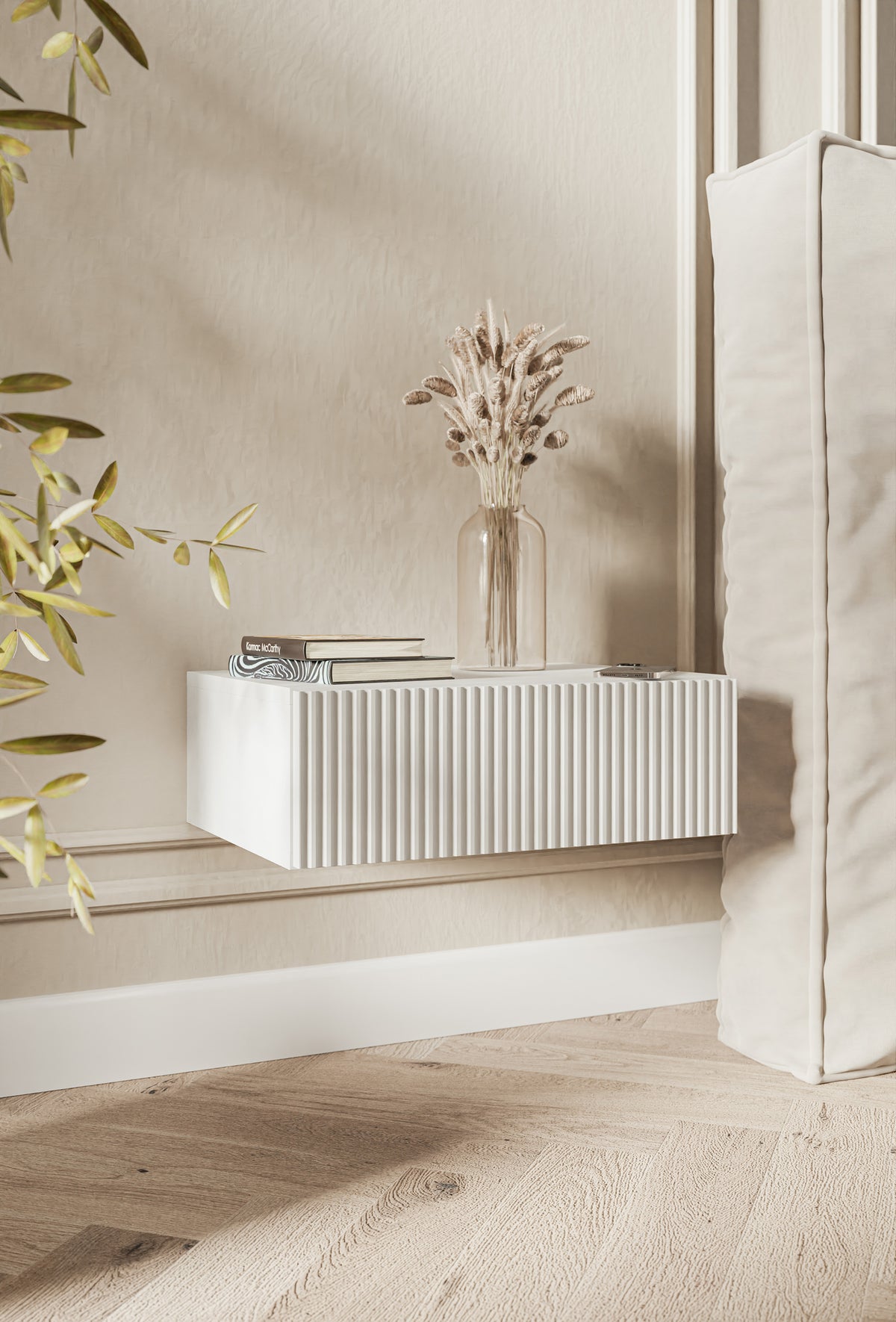 Table de chevet Veldio avec façade fraisée et tiroir 50 cm Blanc suspendu