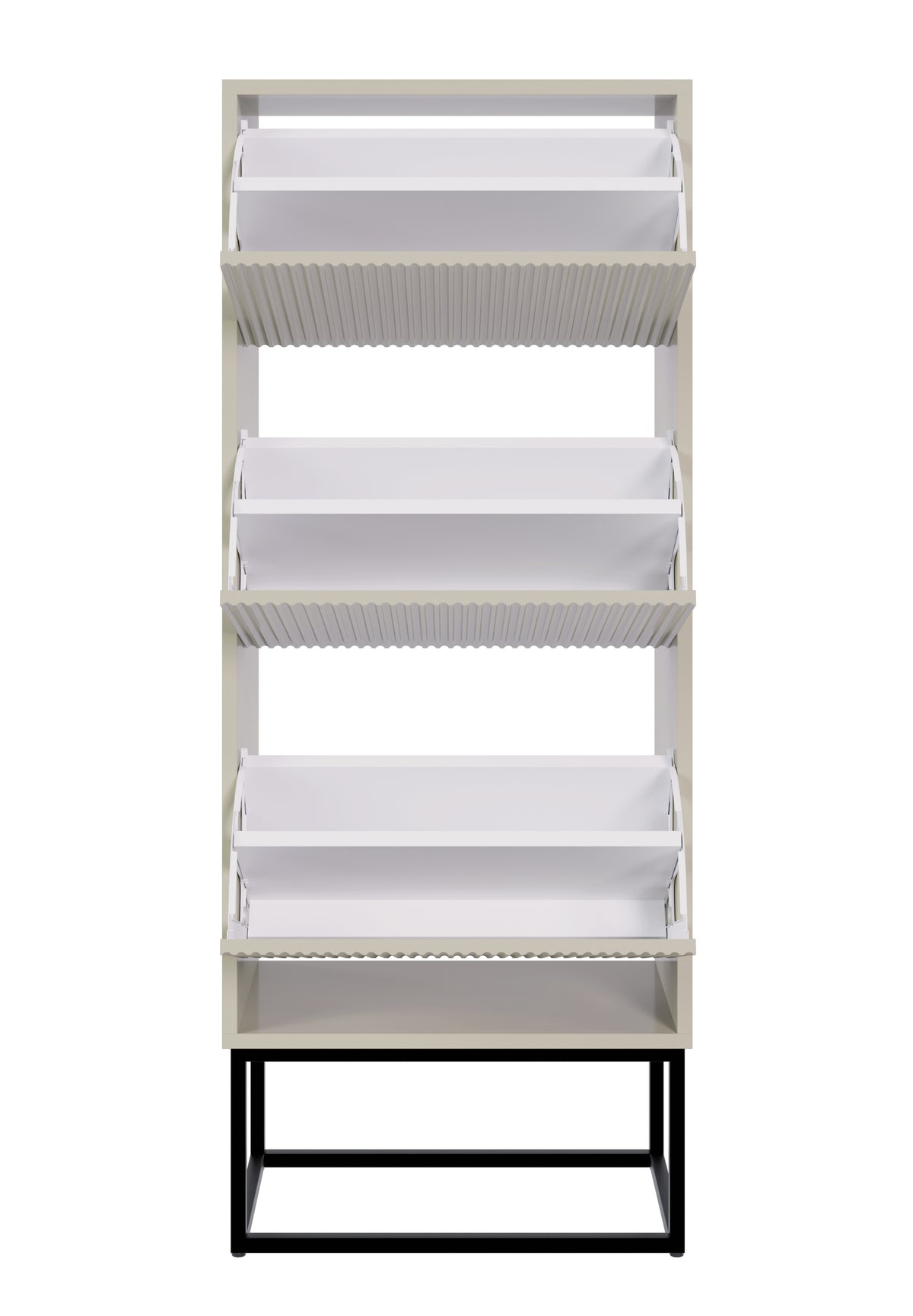 Meuble à chaussures Veldio avec façade rainurée et trois compartiments 50 cm Gris beige avec pieds noirs