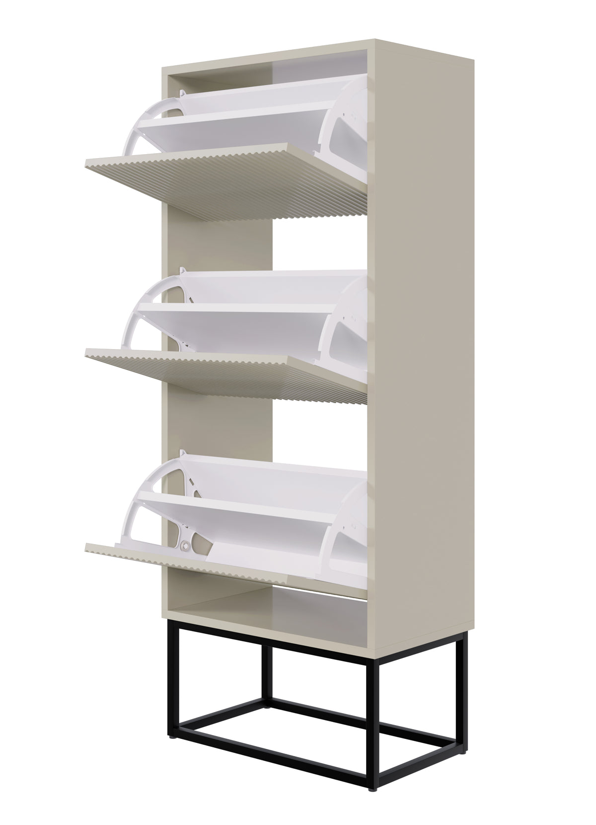 Meuble à chaussures Veldio avec façade rainurée et trois compartiments 50 cm Gris beige avec pieds noirs