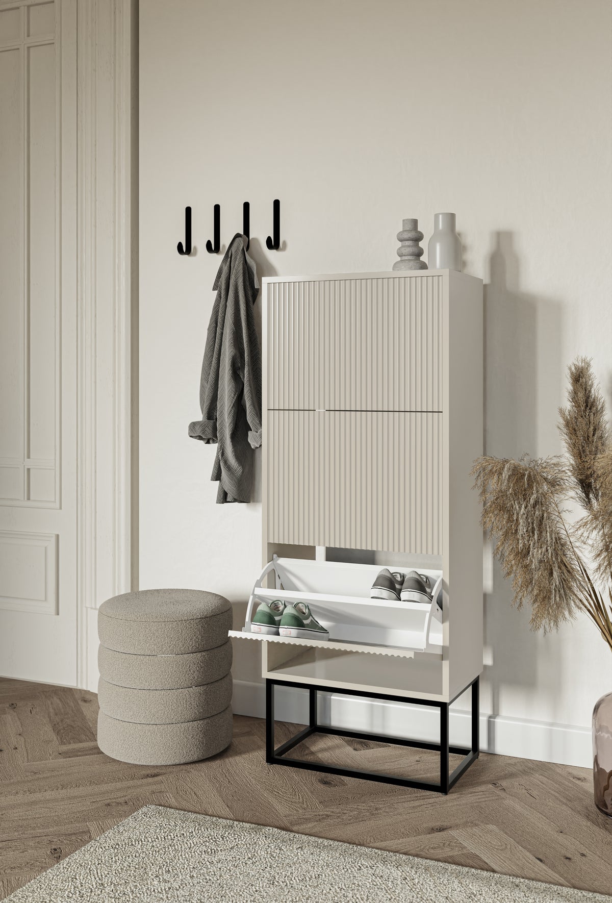 Meuble à chaussures Veldio avec façade rainurée et trois compartiments 50 cm Gris beige avec pieds noirs