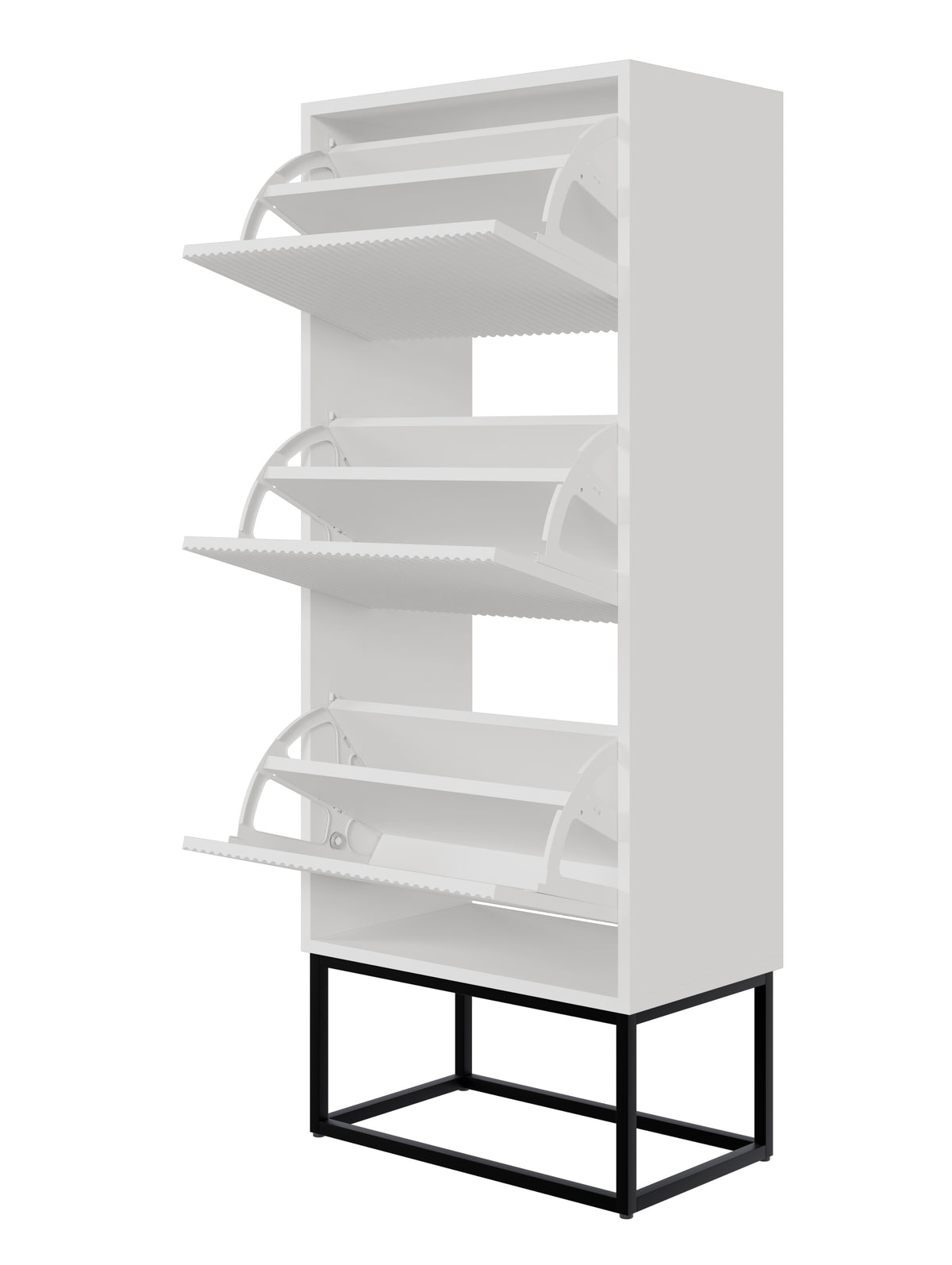 Meuble à chaussures Veldio avec façade rainurée et trois compartiments 50 cm Blanc avec pieds noirs