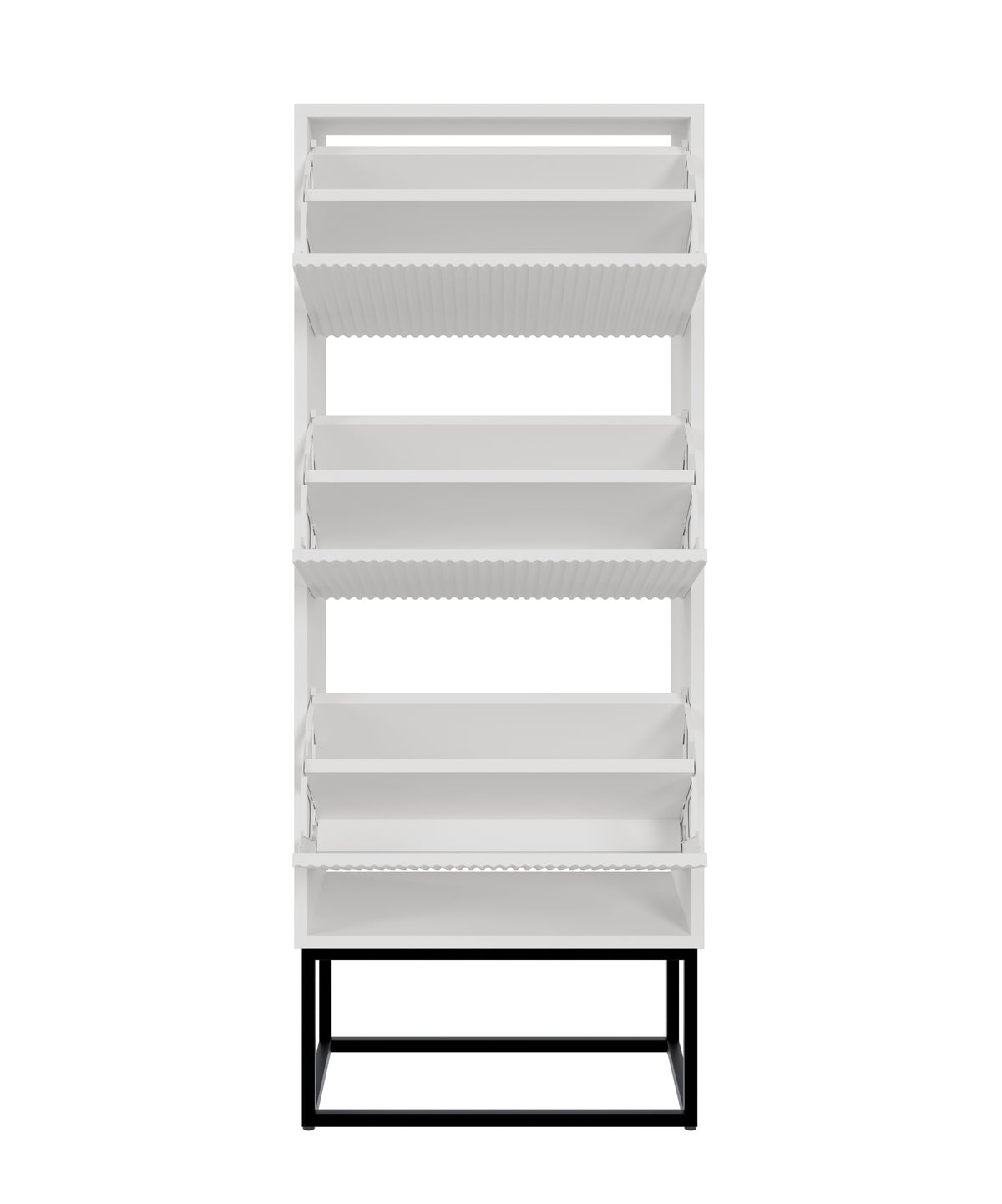 Meuble à chaussures Veldio avec façade rainurée et trois compartiments 50 cm Blanc avec pieds noirs
