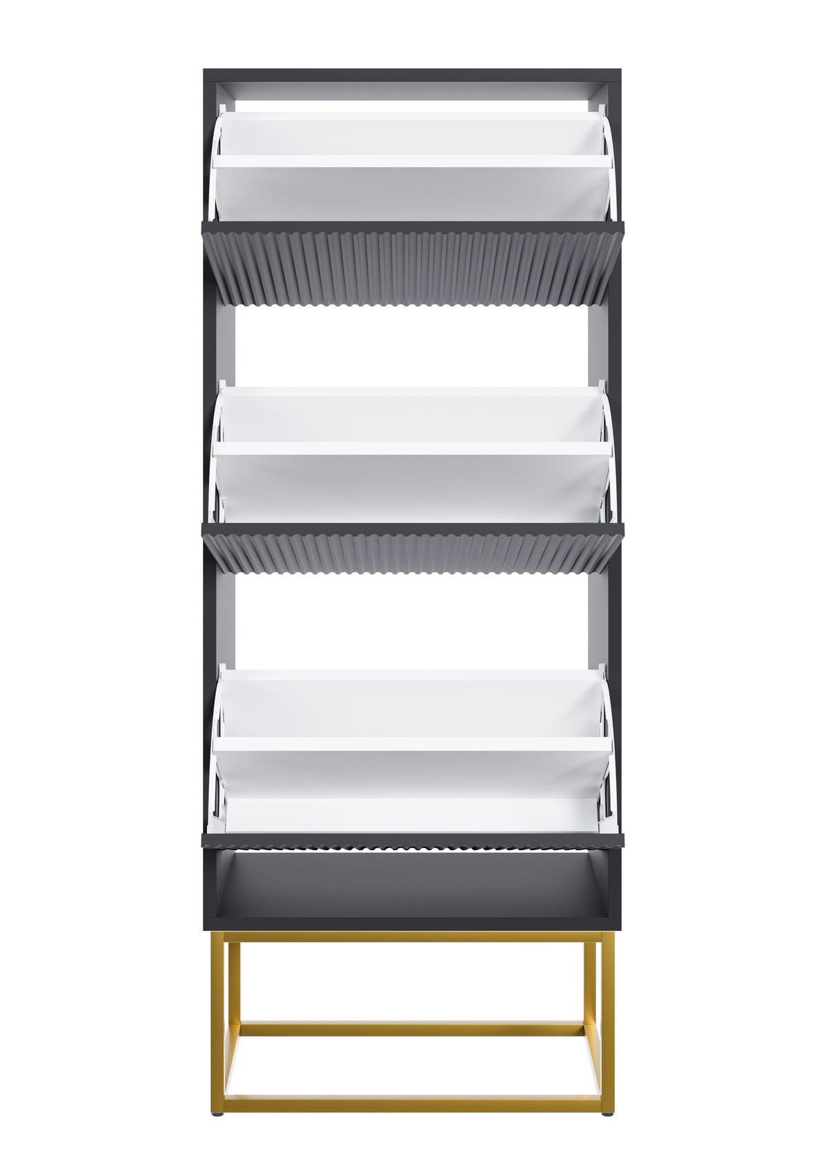 Meuble à chaussures Veldio avec façade rainurée et trois compartiments 50 cm Noir avec pieds dorés
