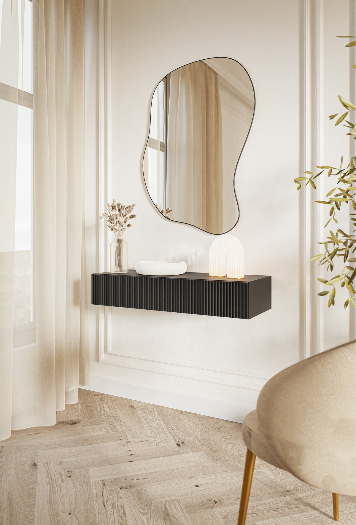 Console Veldio avec façade fraisée et tiroir 90 cm Noir suspendu