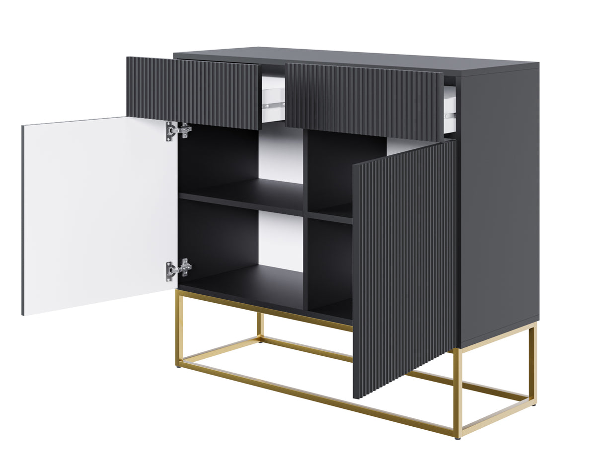 Commode deux portes Veldio avec façade rainurée et deux tiroirs 100 cm Noire avec pieds dorés