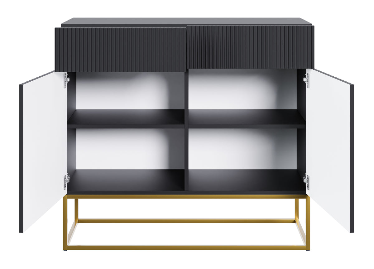 Commode deux portes Veldio avec façade rainurée et deux tiroirs 100 cm Noire avec pieds dorés
