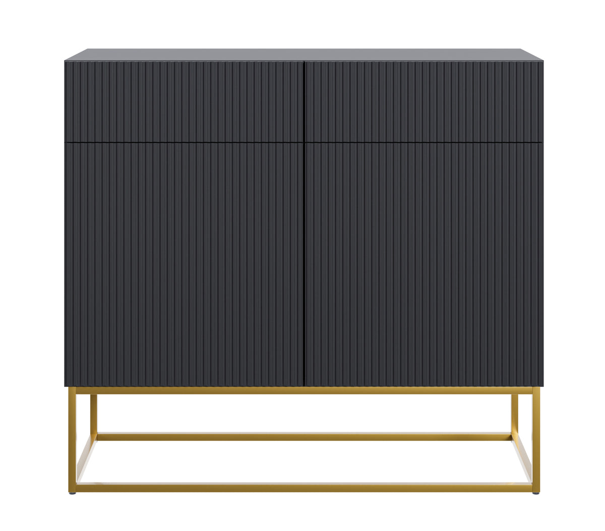 Commode deux portes Veldio avec façade rainurée et deux tiroirs 100 cm Noire avec pieds dorés