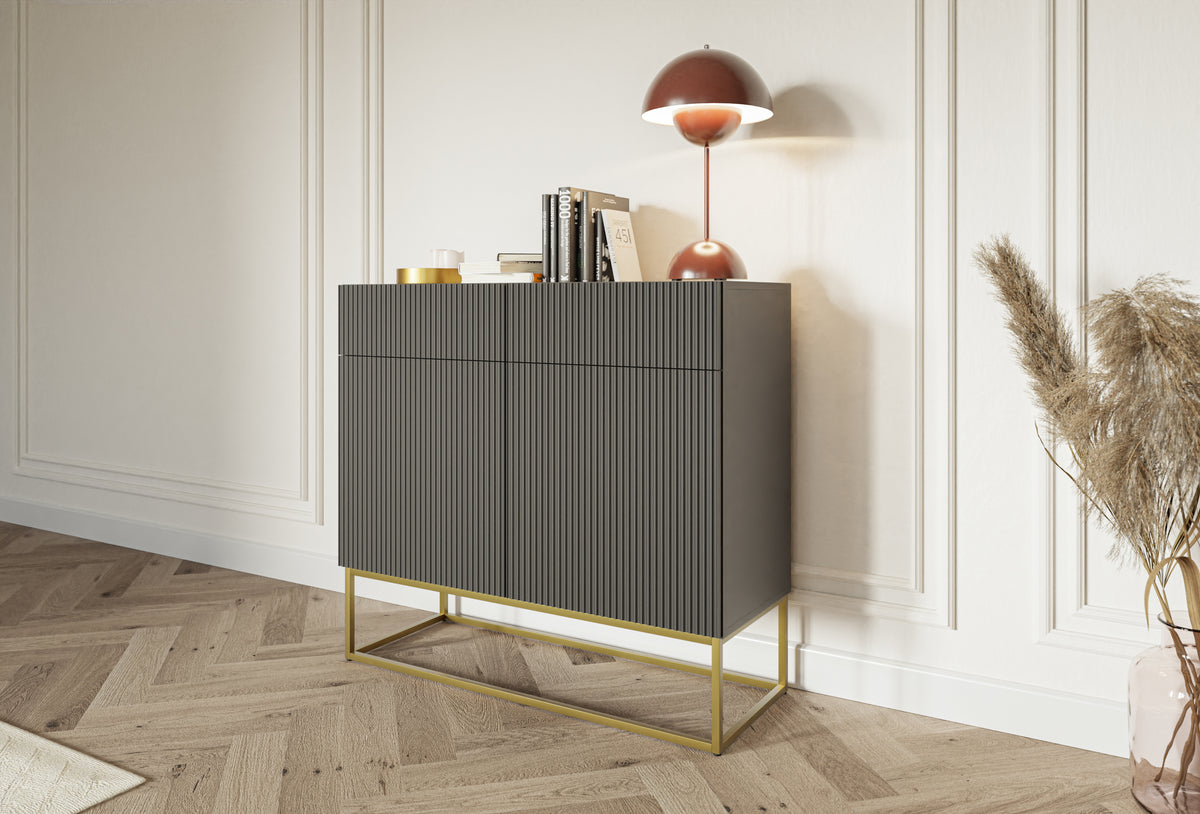 Commode deux portes Veldio avec façade rainurée et deux tiroirs 100 cm Noire avec pieds dorés