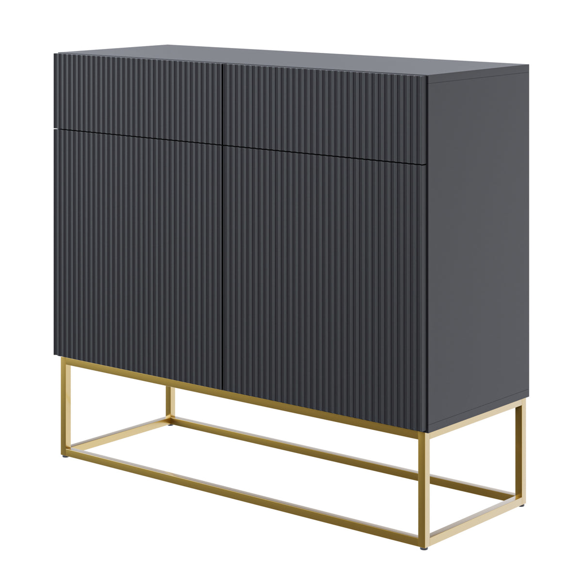 Commode deux portes Veldio avec façade rainurée et deux tiroirs 100 cm Noire avec pieds dorés