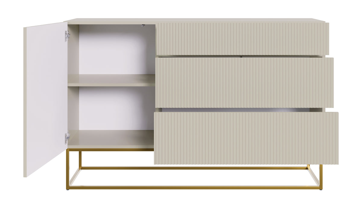 Einzeltür-Kommode Veldio mit gefräster Front und drei Schubladen, 140 cm, grau-beige mit goldenen Beinen