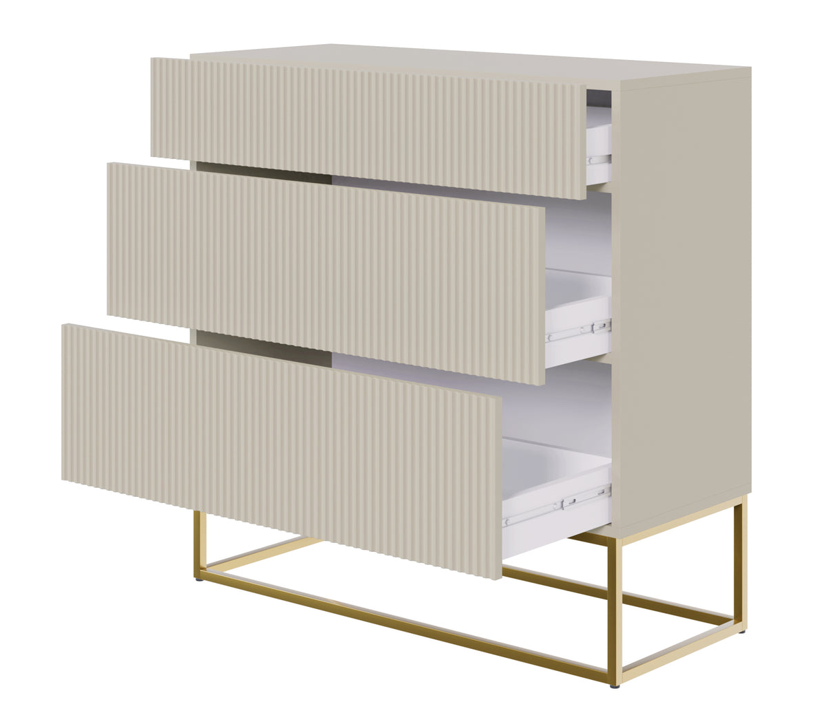 Commode Veldio avec façade rainurée et trois tiroirs 90 cm Gris beige avec pieds dorés