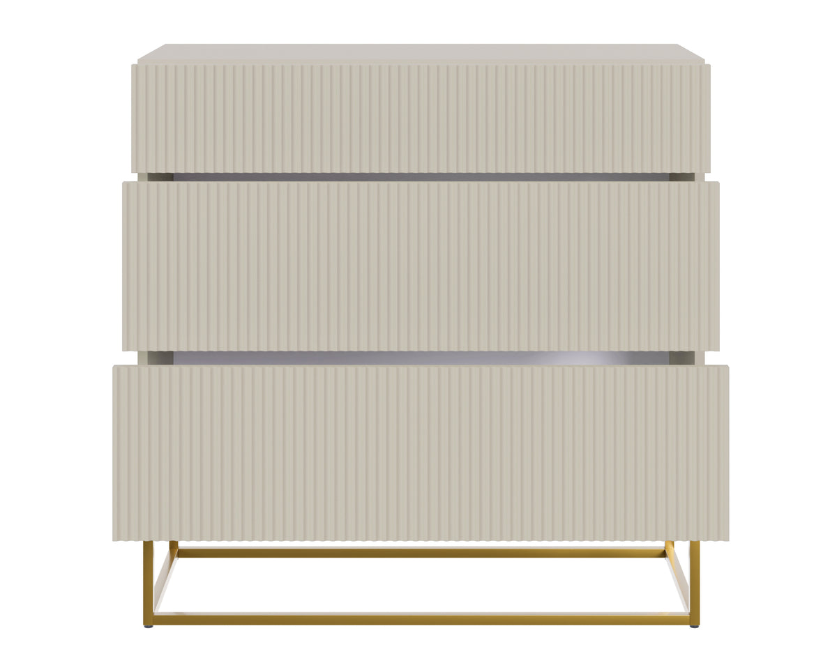 Commode Veldio avec façade rainurée et trois tiroirs 90 cm Gris beige avec pieds dorés