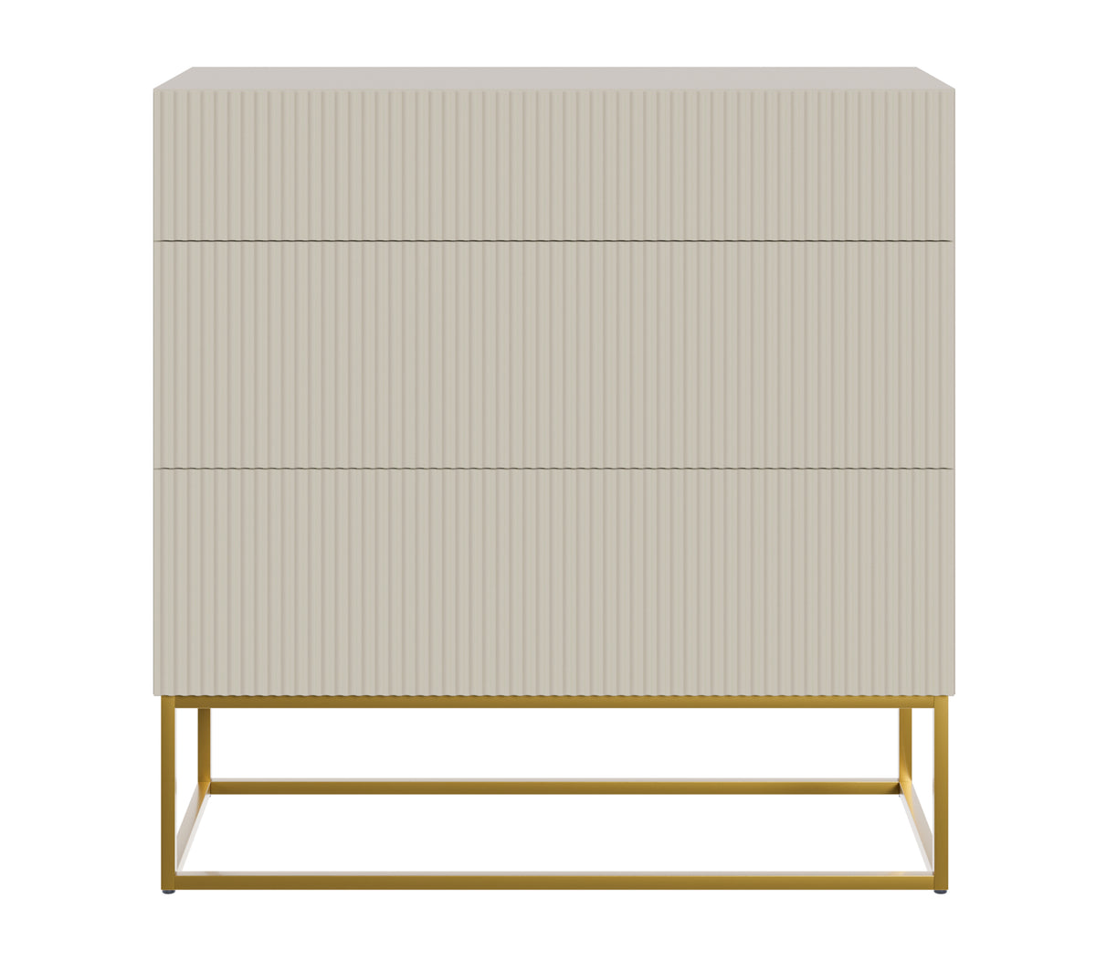 Commode Veldio avec façade rainurée et trois tiroirs 90 cm Gris beige avec pieds dorés
