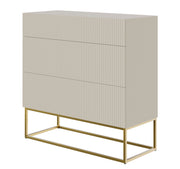 Commode Veldio avec façade rainurée et trois tiroirs 90 cm Gris beige avec pieds dorés