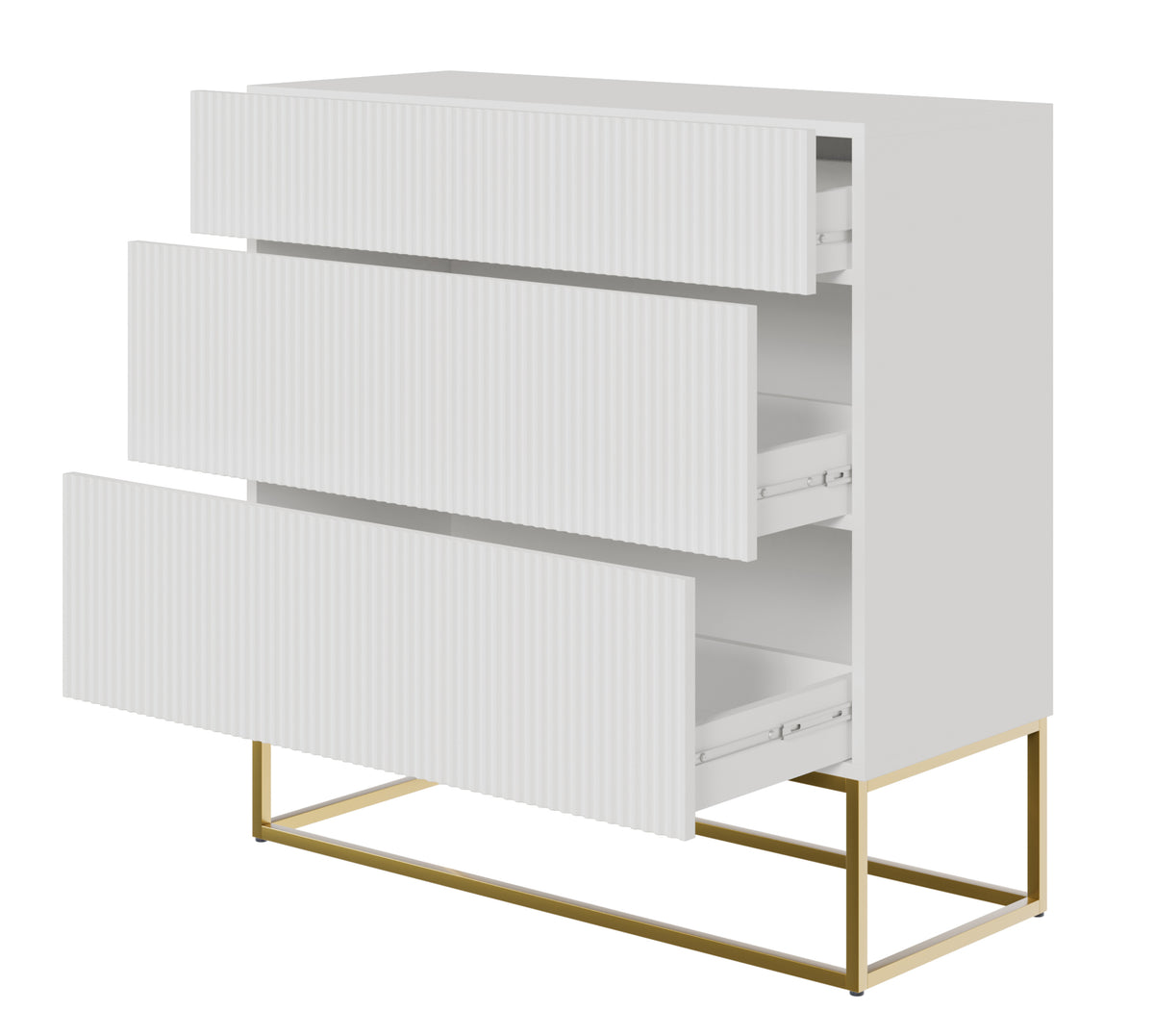 Kommode Veldio mit gefräster Front und drei Schubladen, 90 cm, Weiß mit goldenen Beinen
