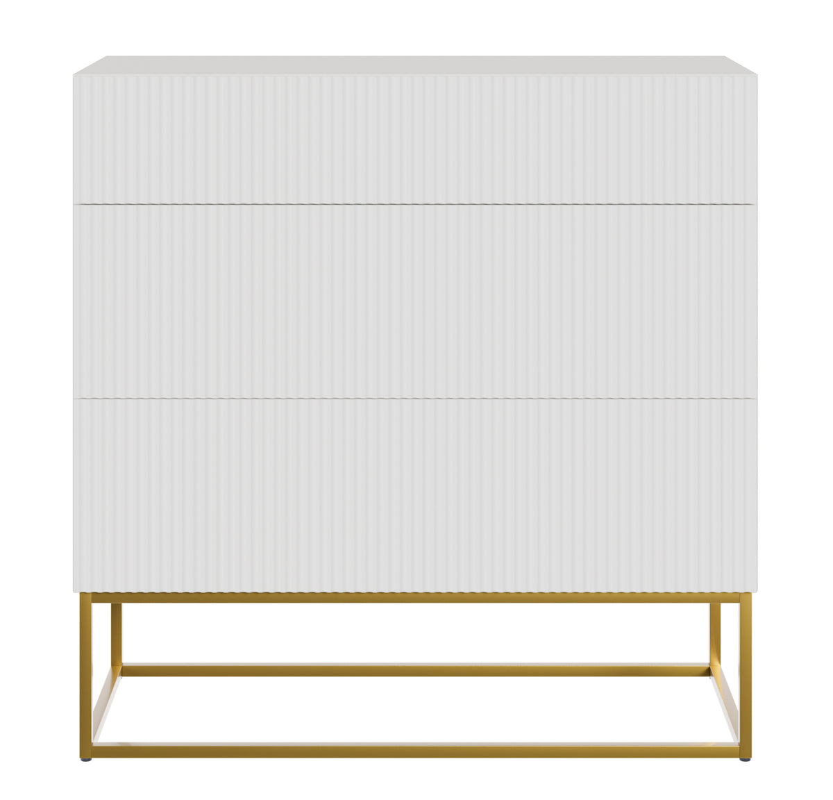 Kommode Veldio mit gefräster Front und drei Schubladen, 90 cm, Weiß mit goldenen Beinen