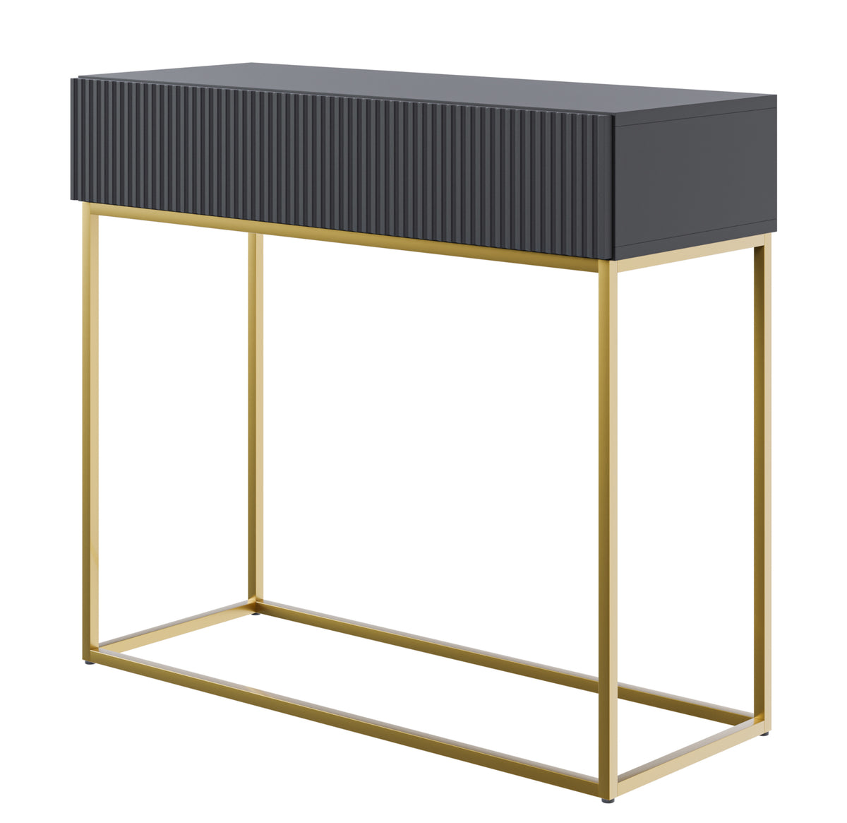 Console Veldio avec façade rainurée et tiroir 90 cm Noir avec pieds dorés