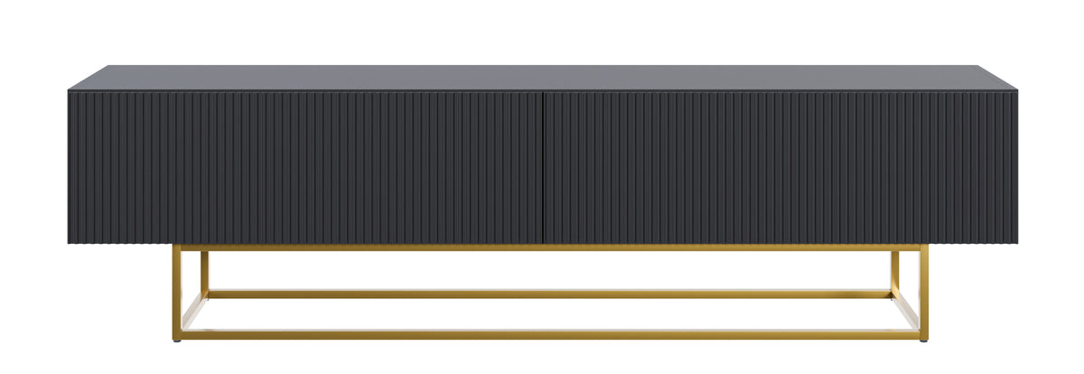 Meuble TV Veldio avec façade fraisée 175 cm Noir avec pieds dorés