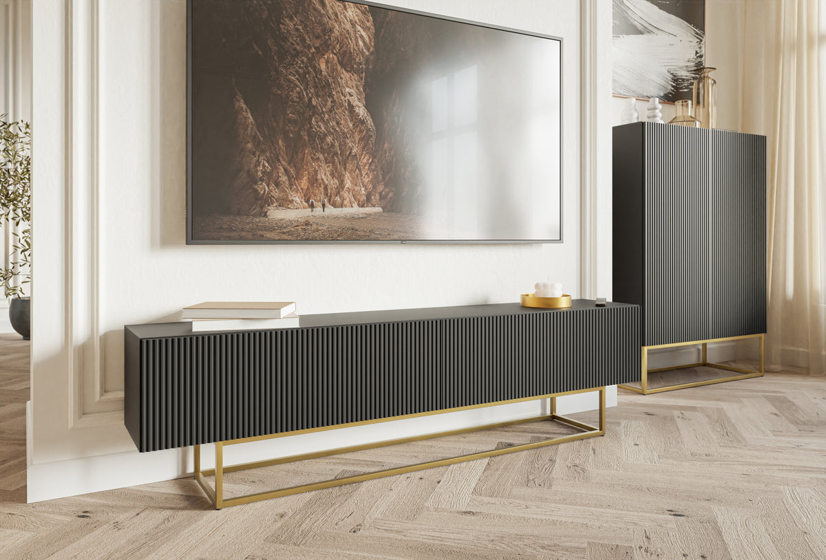 Meuble TV Veldio avec façade fraisée 175 cm Noir avec pieds dorés