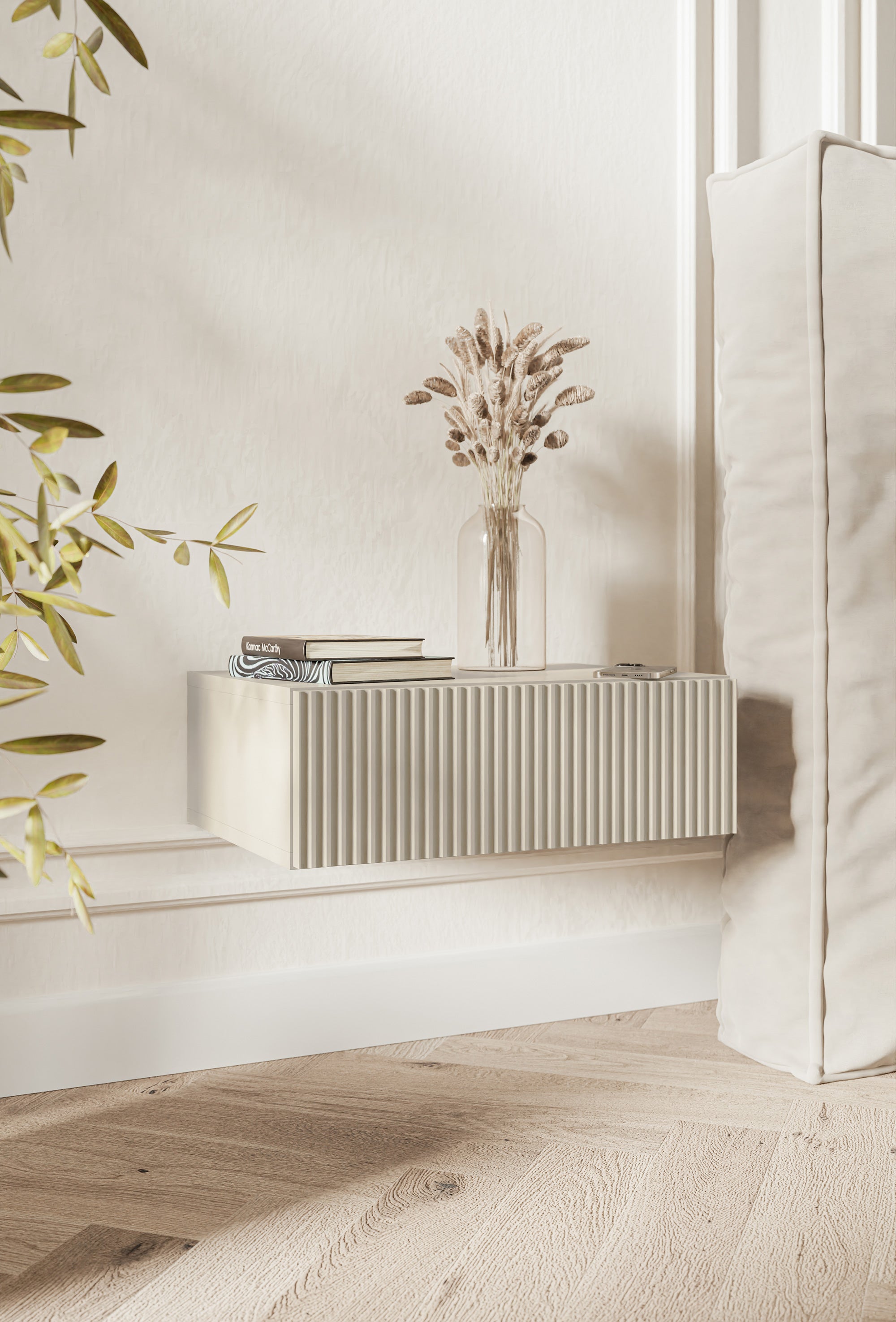 Nachttisch Veldio mit gefräster Front und Schublade 50 cm Grau Beige, hängend
