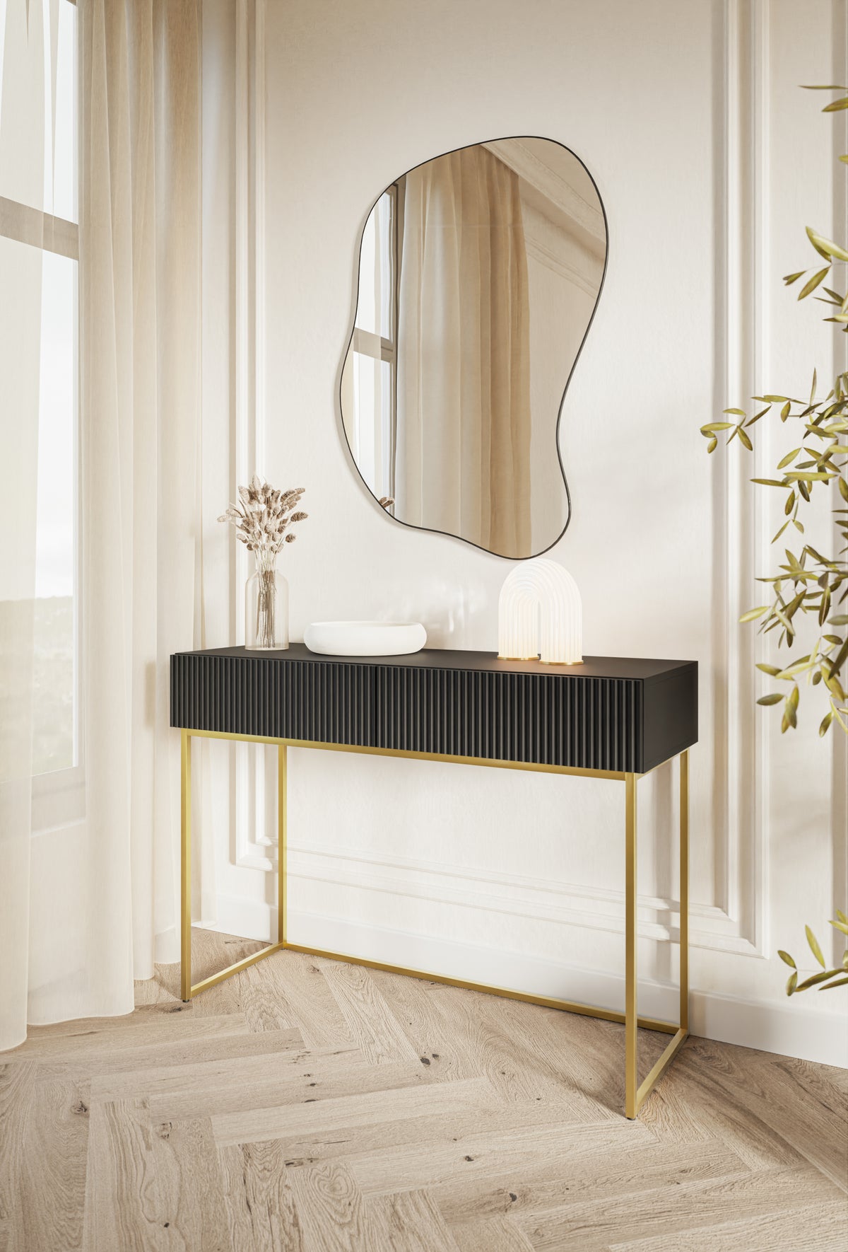 Toilette Veldio avec façade fraisée et deux tiroirs 110 cm Noir avec pieds dorés