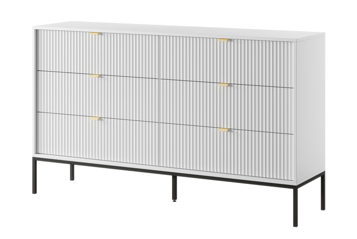 Kommode mit sechs Schubladen Vellore 154 cm weiß mit gerillten Fronten und schwarzem Gestell