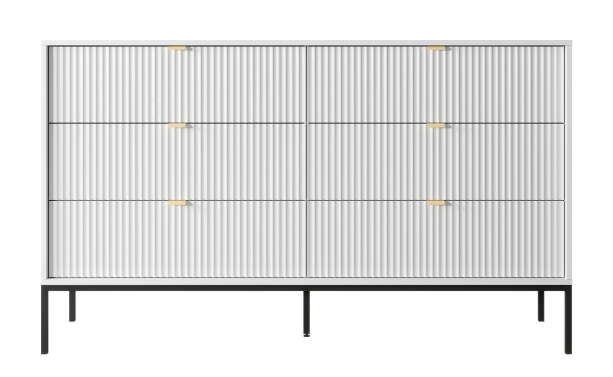 Commode six tiroirs Vellore 154 cm blanche avec façades rainurées et structure noire