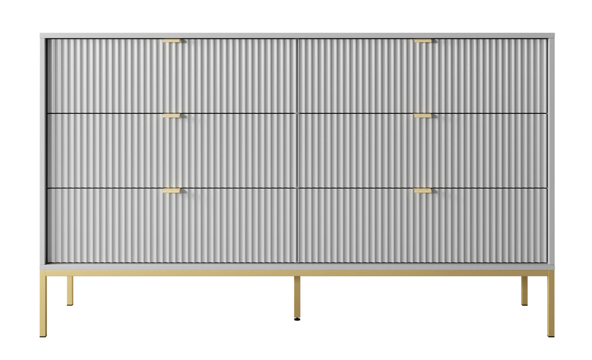 Commode 6 tiroirs Vellore 154 cm grise avec façades rainurées et structure dorée