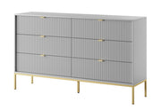 Commode 6 tiroirs Vellore 154 cm grise avec façades rainurées et structure dorée