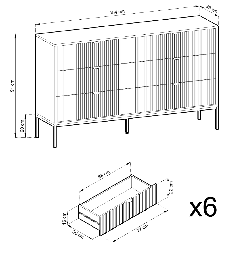 Commode six tiroirs Vellore 154 cm blanche avec façades rainurées et structure noire