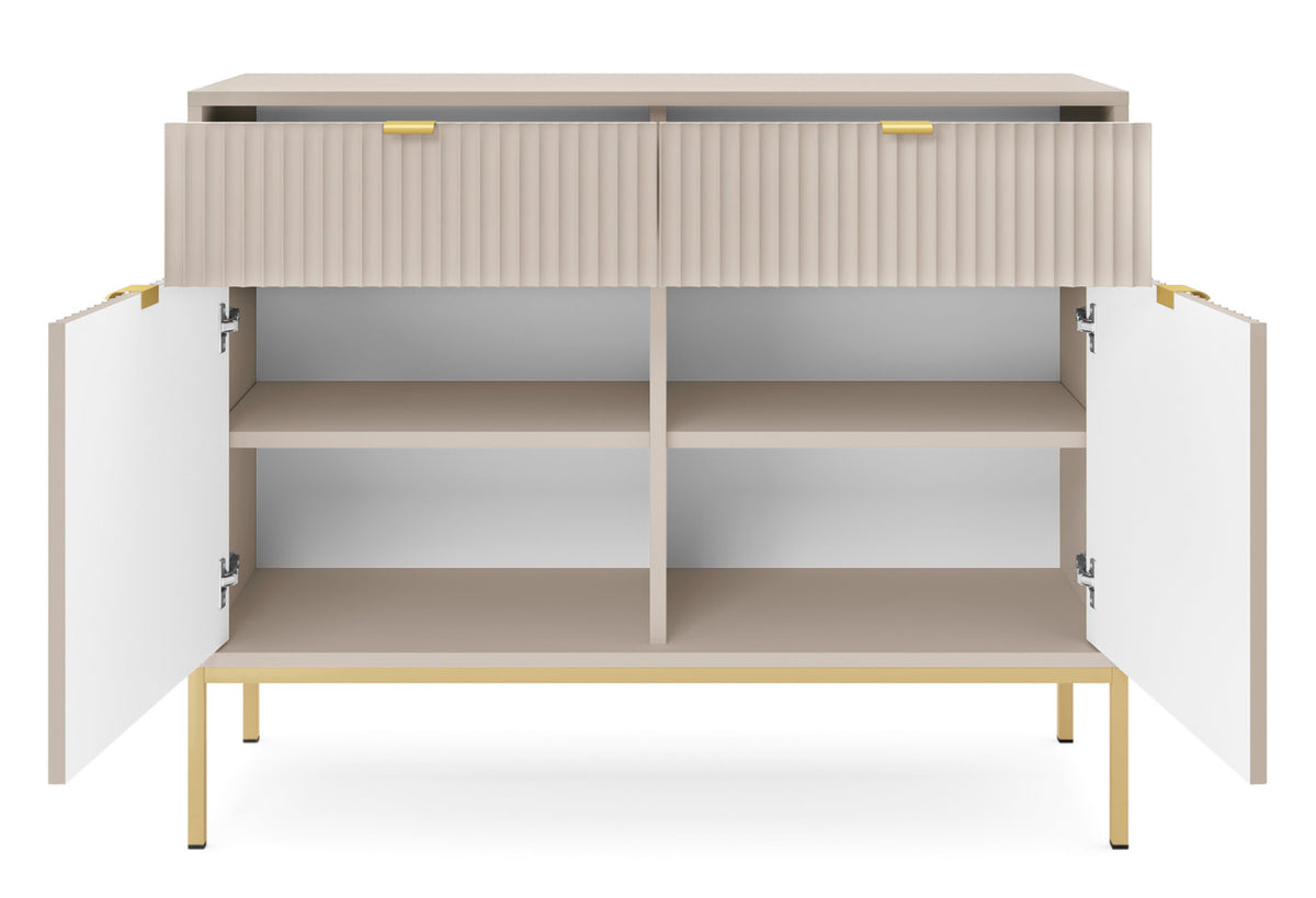 Commode 2 portes Vellore 104 cm cachemire avec façades rainurées et structure dorée