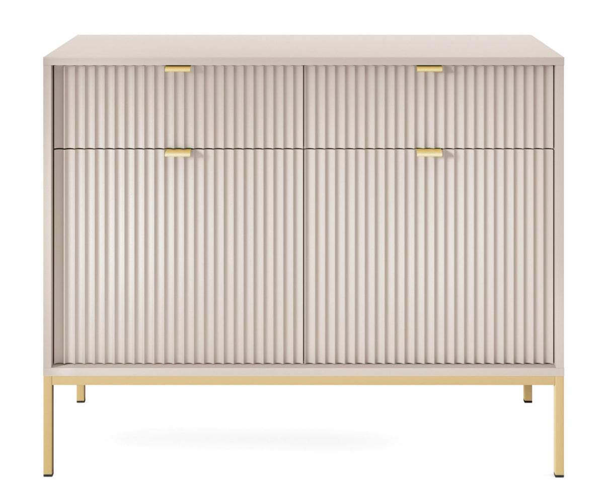Commode 2 portes Vellore 104 cm cachemire avec façades rainurées et structure dorée